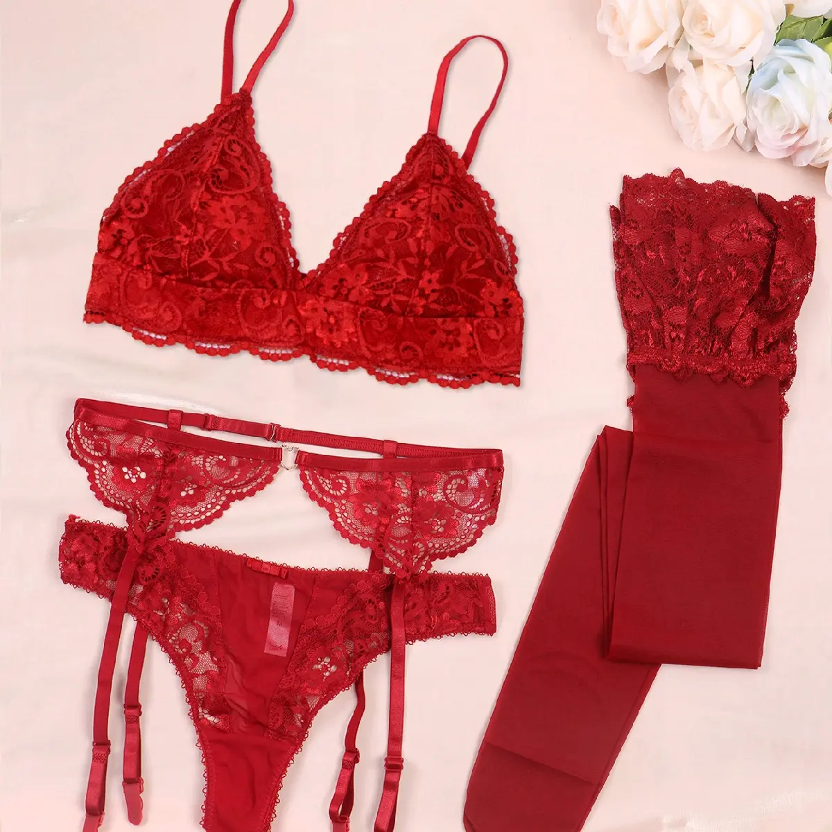 Adjustable Floral Lace Bralette with Thong and Garter Belt Set Lingerie Underwear Womenswear fall essential Mushroom Fairy Adjustable Garter Belt Comfort Comfortable Elegance Sheer Matching Elegant Overall Lady Stockings Straps Statement Basic