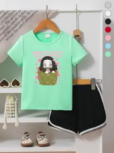 Summer Girls Casual Sports Short Sleeve Shorts Set, Nezuko Letter Print Top, Loose Comfortable Pants, Cute Trendy, Clothes Kids