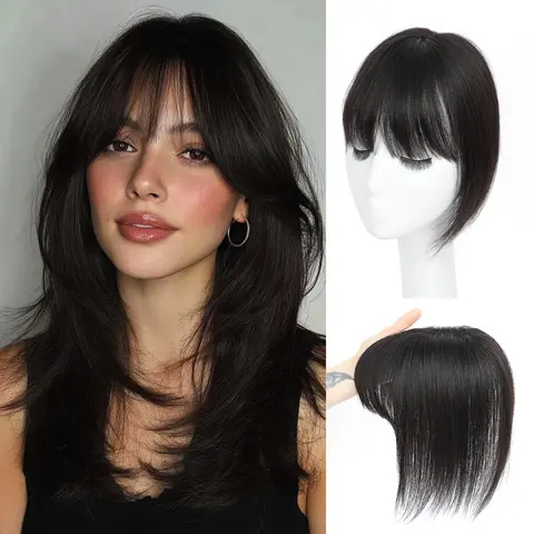 Female 10-in Human Natural Hair Topper with Bangs Design, Swiss Lace Base, Lightweight Breathable, Anti-Slip Clips, Free to Permed, for Everyday Styling, Weddings