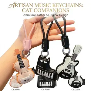 Kawaii Cat Music Keychain | Aesthetic Leather Bag Charm | Cute Guitar Backpack Accessory | Fun Party Favors