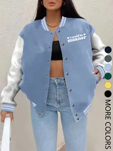 Women's Fall Winter New Baseball Jacket, Letter Print Casual Sporty Coat, Fitted Design, Hip Hop Style, Suitable for Daily Wear