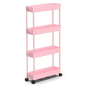 Slim Rolling Storage Cart 4 Tier Bathroom Organizer Mobile Shelving Unit Utility Cart Tower Rack for Kitchen Laundry Narrow Places, Pink 3 Tier 5 Tier