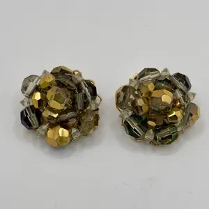 Vintage Bronze Aurora Borealis Cluster Beads Clip-on Earrings with Geometric Design and Colorful Beads