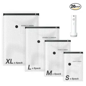 VEVOR Vacuum Storage Bags, 26 Pack Space Saver Vacuum Seal Bags for Clothing, with Pump and Charging Cable, Double Zipper Seal, Thickened PA and PE, Compression for Clothes Storage, Travel Luggage