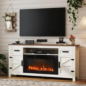 【2 Packages Shipping】Oneinmil Fireplace TV Stand with Barn Door for TVs up to 80", Farmhouse 70" Fireplace Entertainment Center with Storage Cabinets, White TV Stand and Black