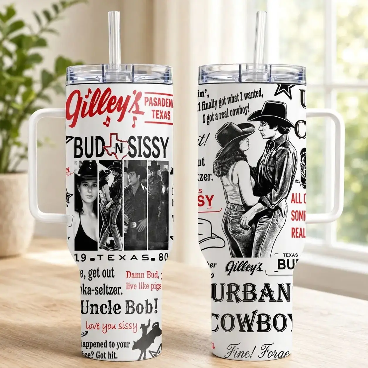 Urban Cowboy Inspired Tumbler 40oz 30oz, Bud And Sissy Western Movie Fan Cup, Gilley’s Pasadena Texas Country Romance Drinkware, Cowgirl Gift, Not Including The Straw Water Bottles