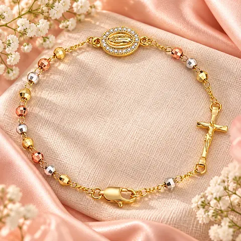 Dainty 14K Gold Plated Beaded Rosary Bracelet - Virgin Mary, Cross Charms, Adjustable, Casual Catholic Jewelry Gift for Female, Ideal for Confirmation, Baptism, Beauty Accessory