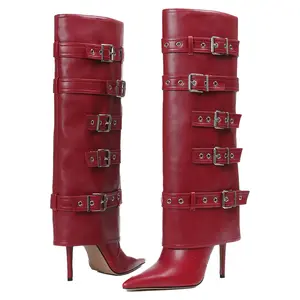 Women Pointed Toe Over The Knee Boot Buckle Strap High Heel Thigh Stiletto Red Boots KneHigh Heels High Black Boots Casual Western Club