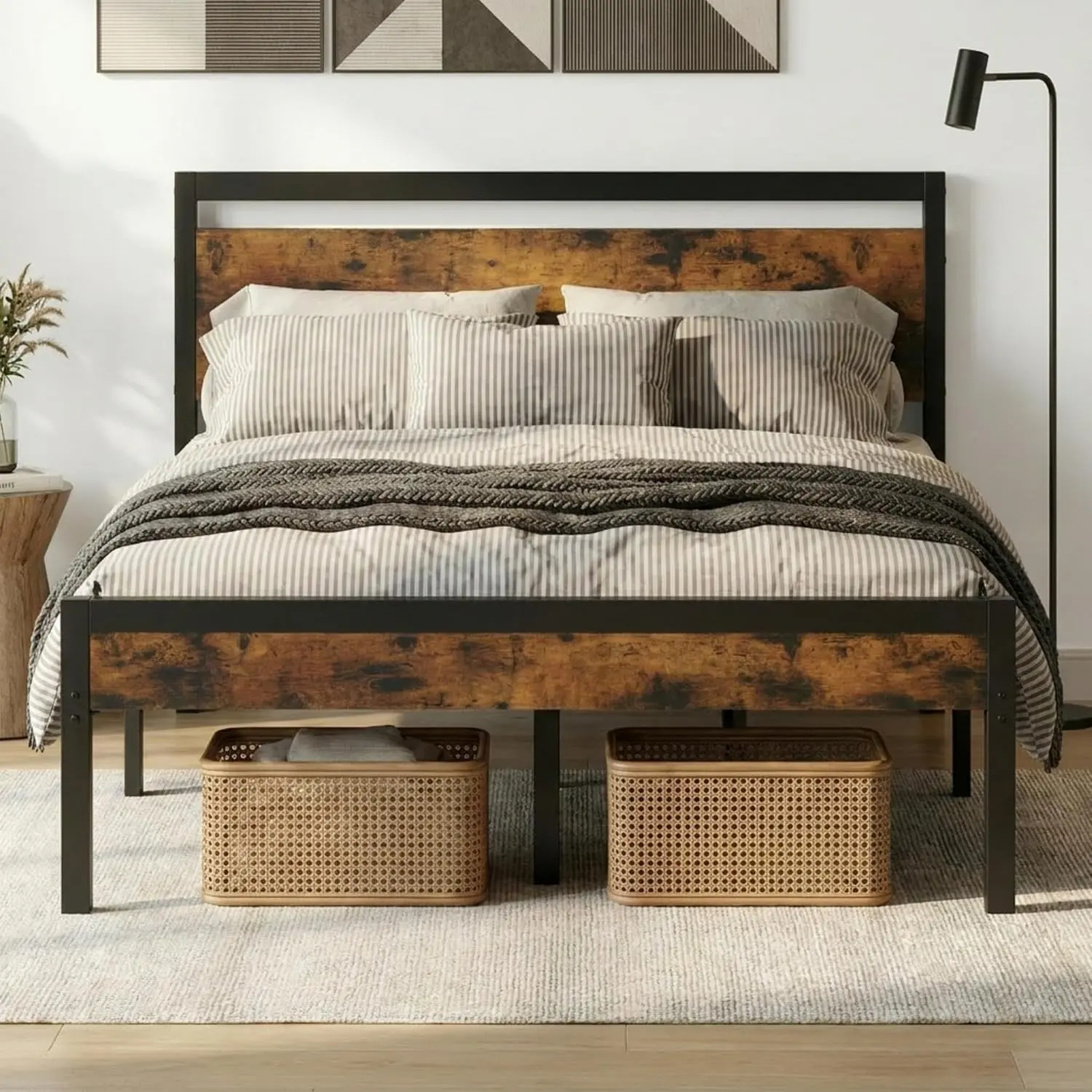 Full 14 Inch Bed Frame with Vintage Wood Headboard Farmhouse Bed, Heavy Duty Metal Platform Single Bed Frames No Box Spring Needed, Firm Mattress Foundation Steel Slat Support, Easy Assembly