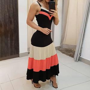 ChicMe Women's Spaghetti Strap Colorblock Maxi Dress - Ruched Ruffles Smock Sleeveless | Wedding Guest Dress, Formal Occasion, Evening Gown, Cocktail Party