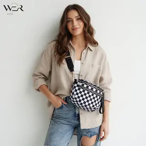 Checkered Crossbody Bag Women | Black White Checkerboard Shoulder Bag | Adjustable Strap Fanny Pack Sling Bag | Double Zip Cross Body Purse | Trendy Bum Bag Travel Handbag for Women
