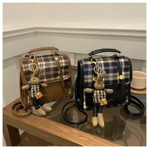Vintage Bag Contrast Color Plaid Backpack for Women Casual Tote Bag with Cute Doll Pendant for Work College Travel Use