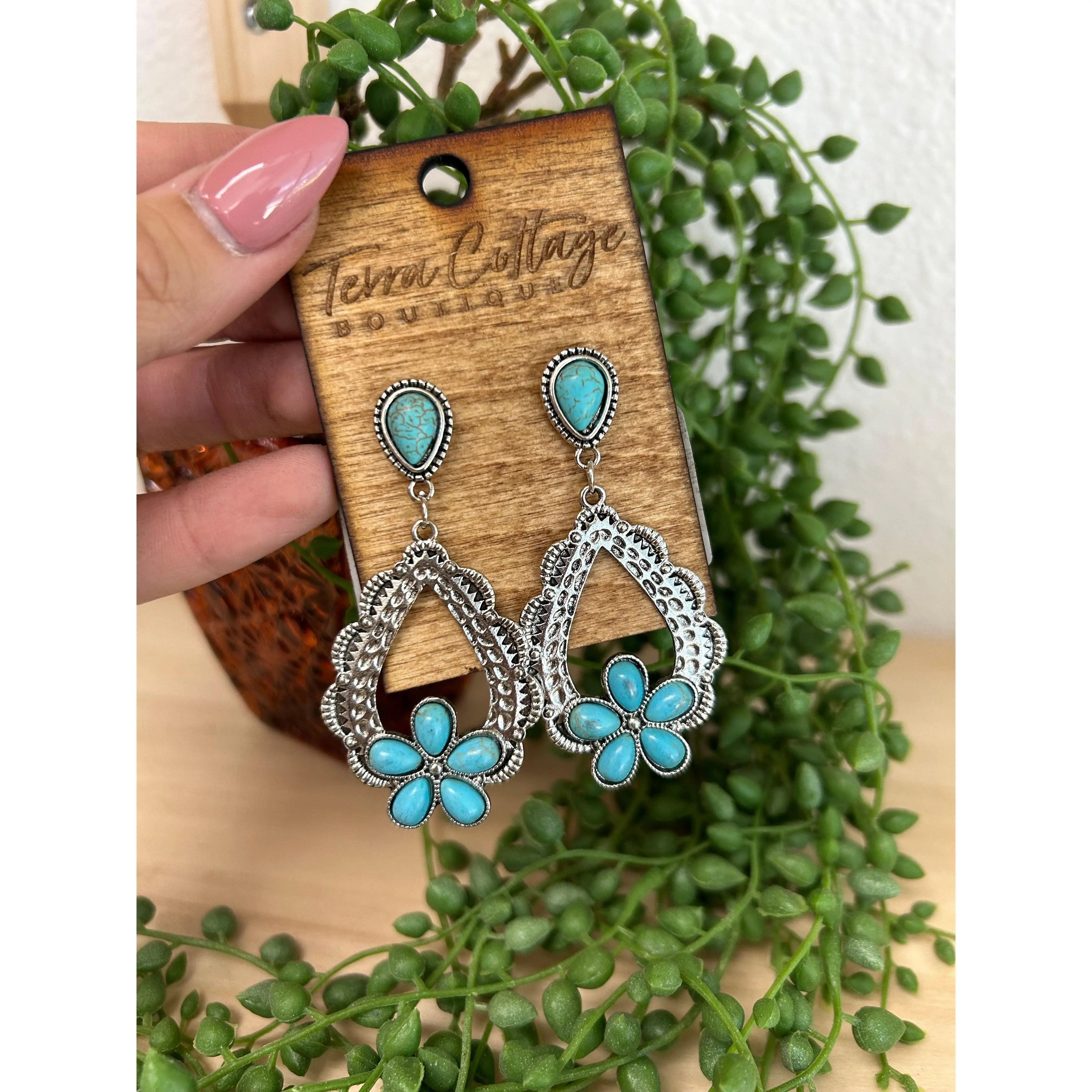 Western Turquoise Flower Drop Earrings
