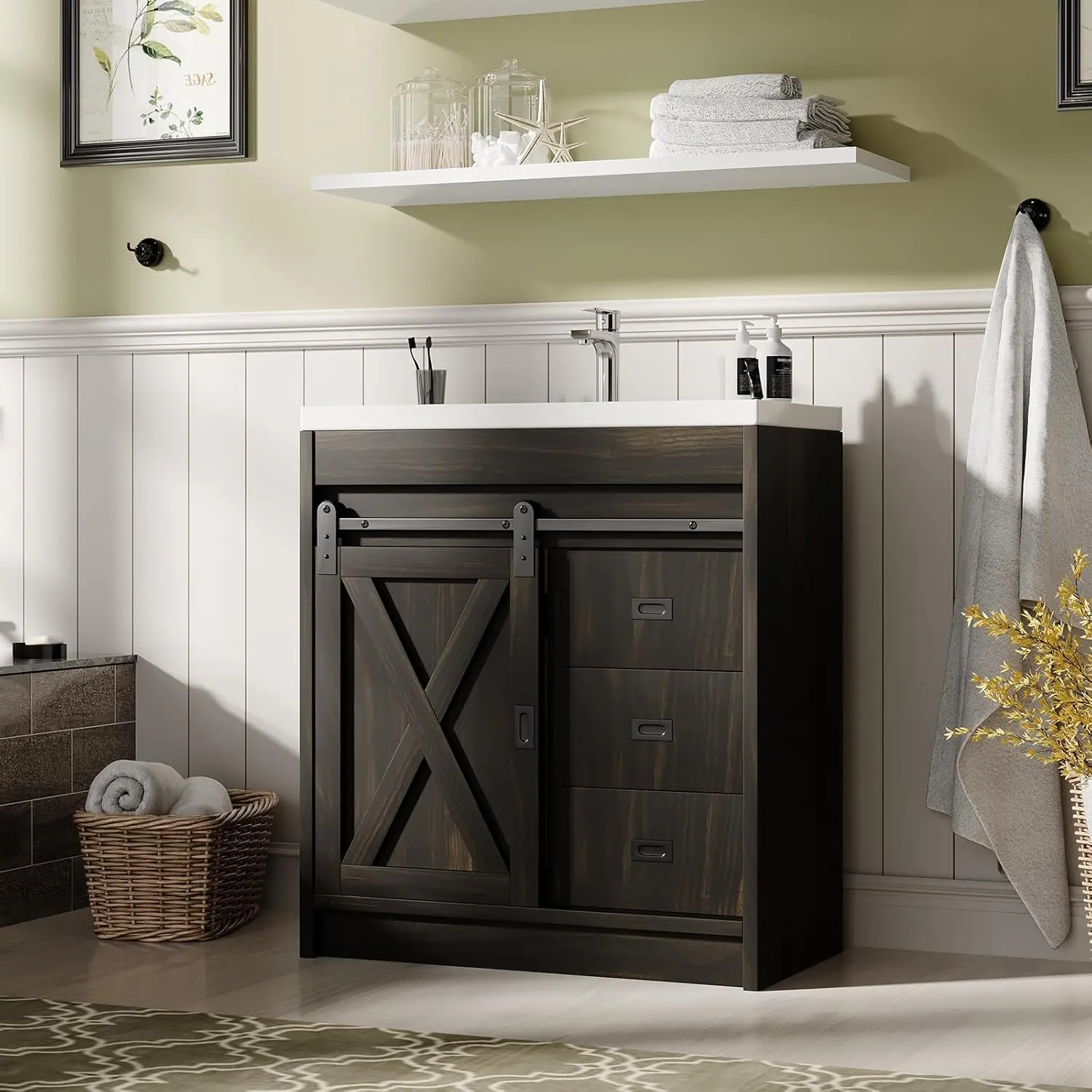 [SummerSale] HOMBCK Farmhouse Bathroom Vanity with Sink, Bathroom Vanity Cabinet with 3 Drawers & Sliding Barn Door, Small Bath Vanity Sink Set with Metal Handles #home essentials#back to school