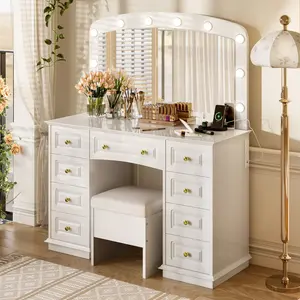 Luxurious Makeup Vanity with 10 Hollywood Bulbs, 3 Color Lighting Modes, Classic Dressing Table with Cushioned Stool and 9 Storage Drawers for Bedroom, White