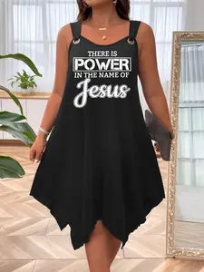 【Plus Size】 Letter Print A-Line Dress, Elegant Sleeveless Midi Dress for Summer, Women's Plus Clothing for Daily Wear, Casual Wear