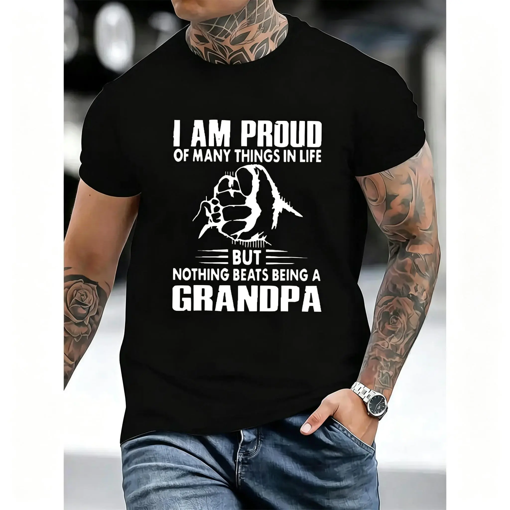 Proud Grandpa Monogrammed Cotton T-Shirt Celebrating Life Achievements
