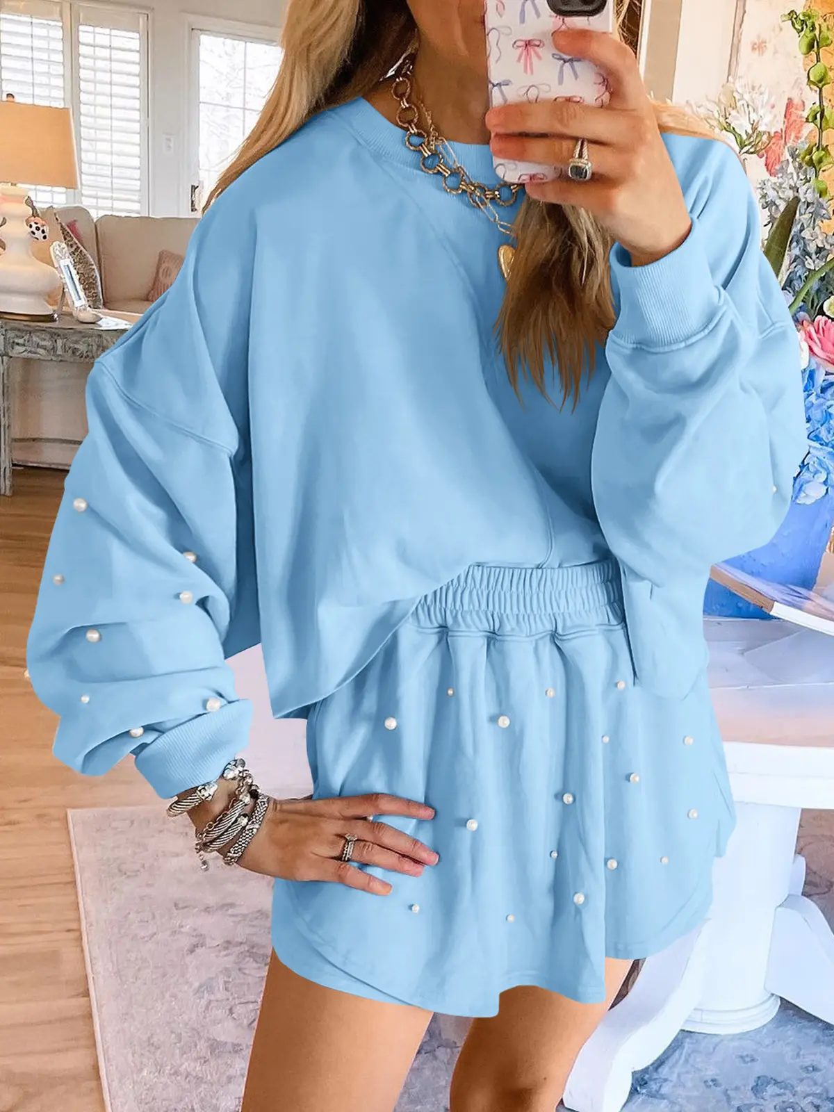 FISOEW Women's Casual 2-Piece Set - Pearl Embellished Longsleeves Round Neck Sweatshirt & Matching Skort, Minimalist Women's Suit,sohochic