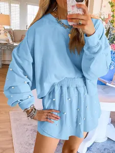 [NEW Style] Fisoew Womens Summer Casual 2 Piece Puff Sleeve Outfits Decor Pearl Long Sleeve Sweatshirt and Fall Loose Skort Mini Skirt Sets Womenswear Crewneck Clothes