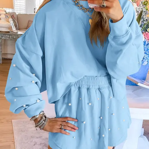 FISOEW Women's Casual 2-Piece Set - Pearl Embellished Longsleeves Round Neck Sweatshirt & Matching Skort, Minimalist Women's Suit