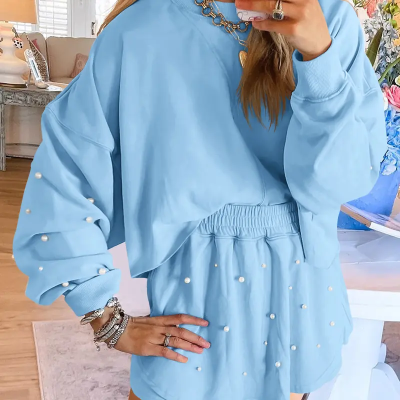 FISOEW Women's Casual 2-Piece Set - Pearl Embellished Longsleeves Round Neck Sweatshirt & Matching Skort, Minimalist Women's Suit