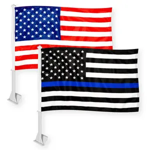 G128 Combo Pack: American USA Car Flag & Thin Blue Line Car Flag 11x17 In | Both Double Sided Printed 150D Polyester | Flagpole Included | Perfect for Festival Celebrations, Parades