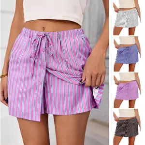FMEYOA Womens Summer Striped Mini Skirts Casual Drawstring Elastic Waist Button Cute Y2K Skorts Shorts