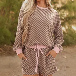 Women's 2 Piece Plaid Checkerboard Knit Casual Long Sleeve Crewneck Pullover and Drawstring Shorts with Pockets Fall Sweatsuit Outfits
