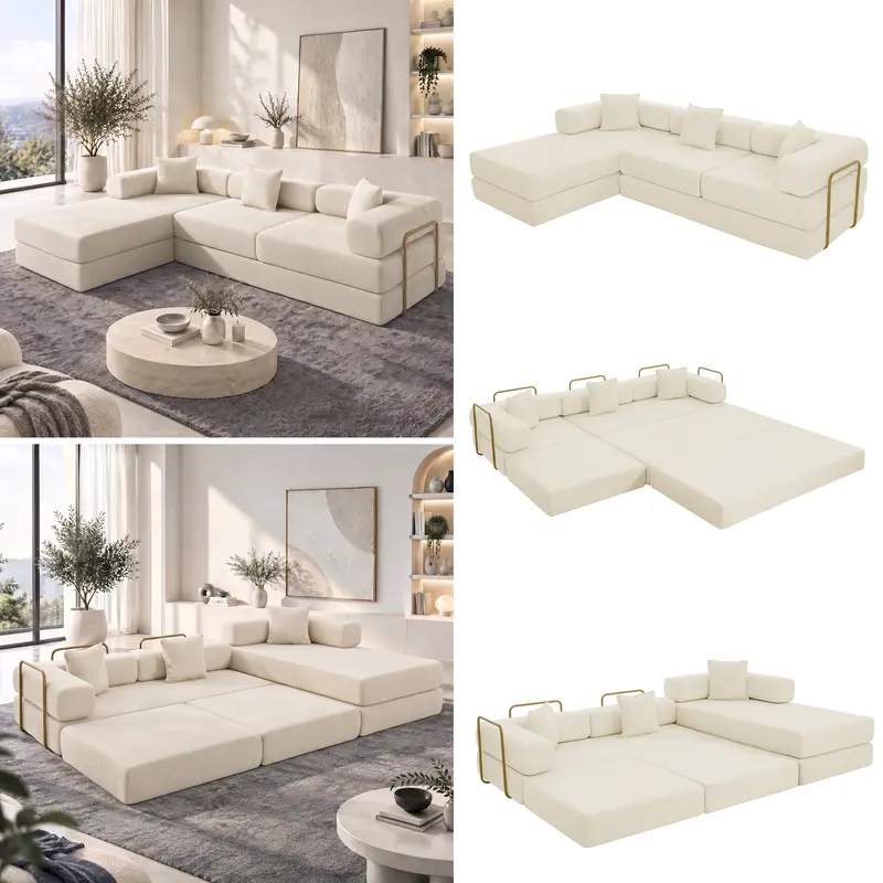 Eyisean 108" Modular Sectional Sofa Bed, Corduroy L-Shape Boneless Couch, Boneless Couches for Living Room, Futon Convertible Sofa Bed, Pull Out Couch with Fixed-Shape Frame, Sleeper Sofa, Free Combination, No Assembly Required