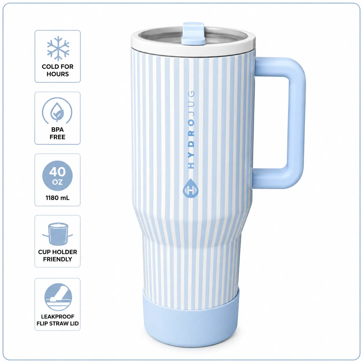 HydroJug Traveler 40 oz Light Blue Insulated Stainless Steel Water Bottle with Handle & Flip Straw Leak Resistant Tumbler Reusable for Women Men Cape Cod