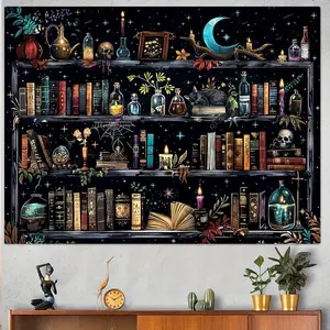 Tapestry  1pc HIGHSO Enchanting Apothecary & Spellbook Tapestry - Dark Hippie Wall Hanging with Gothic Skulls, Peach Skin Fabric, Horizontal Layout for Bedroom & Living Room Decor, Mystical Home Decor, for Halloween