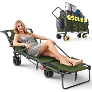 Heavy Duty Folding Wagon - 2-in-1 Collapsible Cart, 650lb Capacity, All-Terrain Wheels w/Brakes & Side Pockets (Army Green)