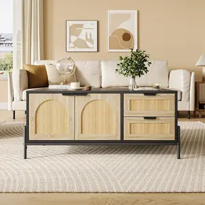 Garvee Living Room Coffee Tables, Mid-Century Modern Coffee Table with LED Lights, Rectangular Black Rattan with Storage - 2 Drawers, 2 Doors, and Open Storage Shelf