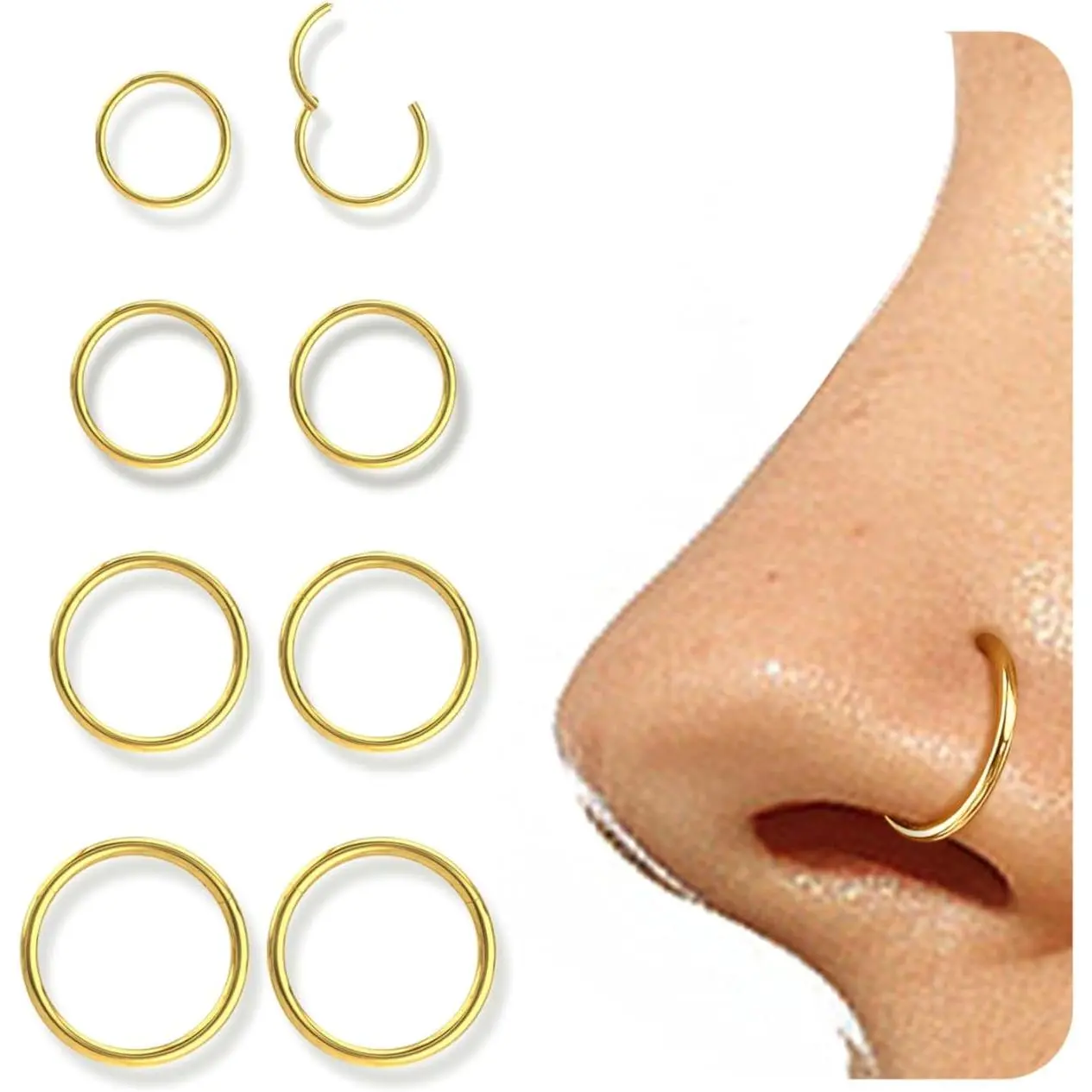Unisex 8-Piece 316L Surgical Steel Body Piercing Jewelry Set - 16G-18G Hinged Hoops, Clicker Rings, Hypoallergenic Seamless Sleeper Earrings with Easy Insertion, Smooth Surface for Male/Female Nose, Septum, Helix, Tragus Piercings