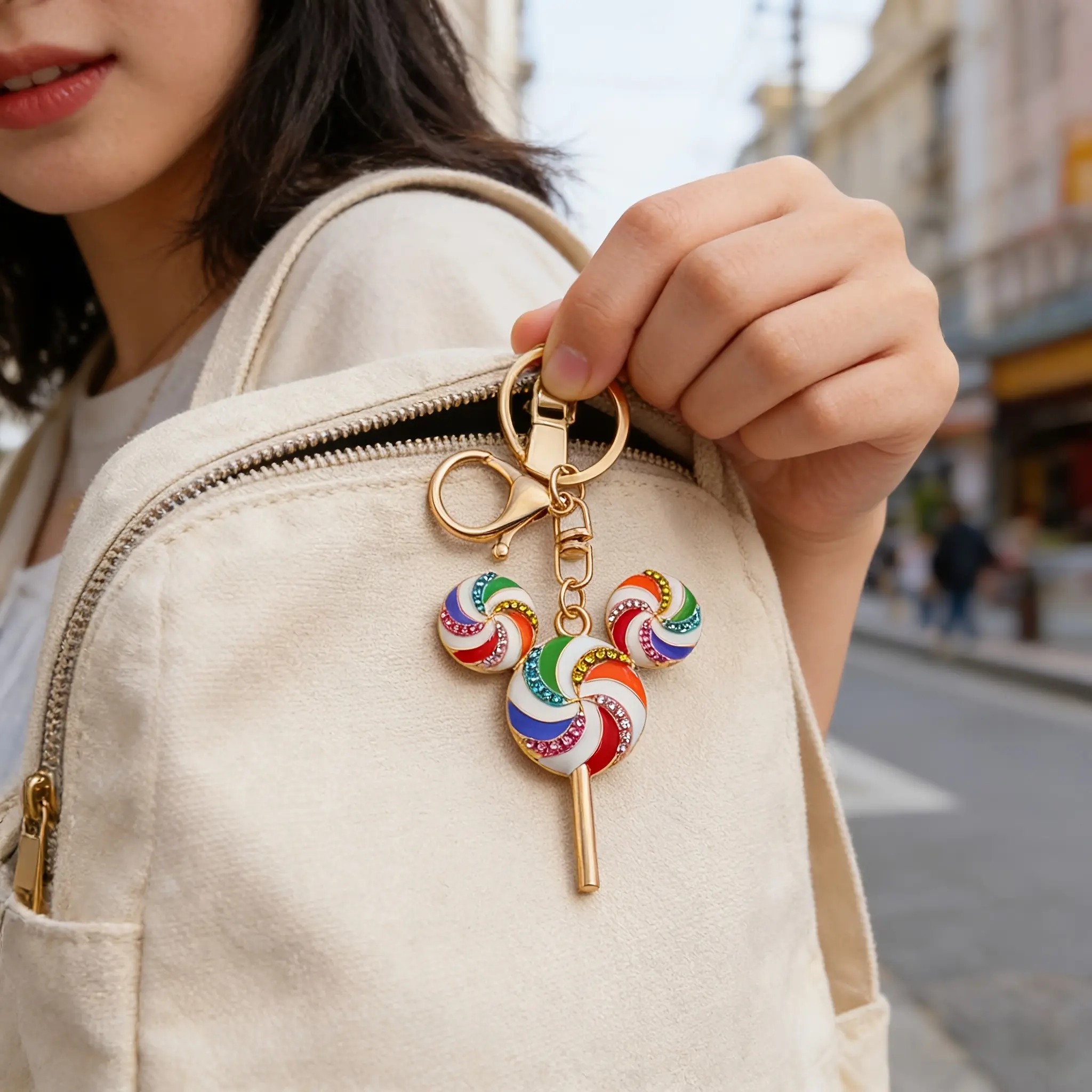 1pc Windmill Rainbow Lollipop Keychain, Rhinestone Bag Charm, Girl's Car Key Pendant, Birthday Gift, Best Friend Souvenir, Keychain For Purse