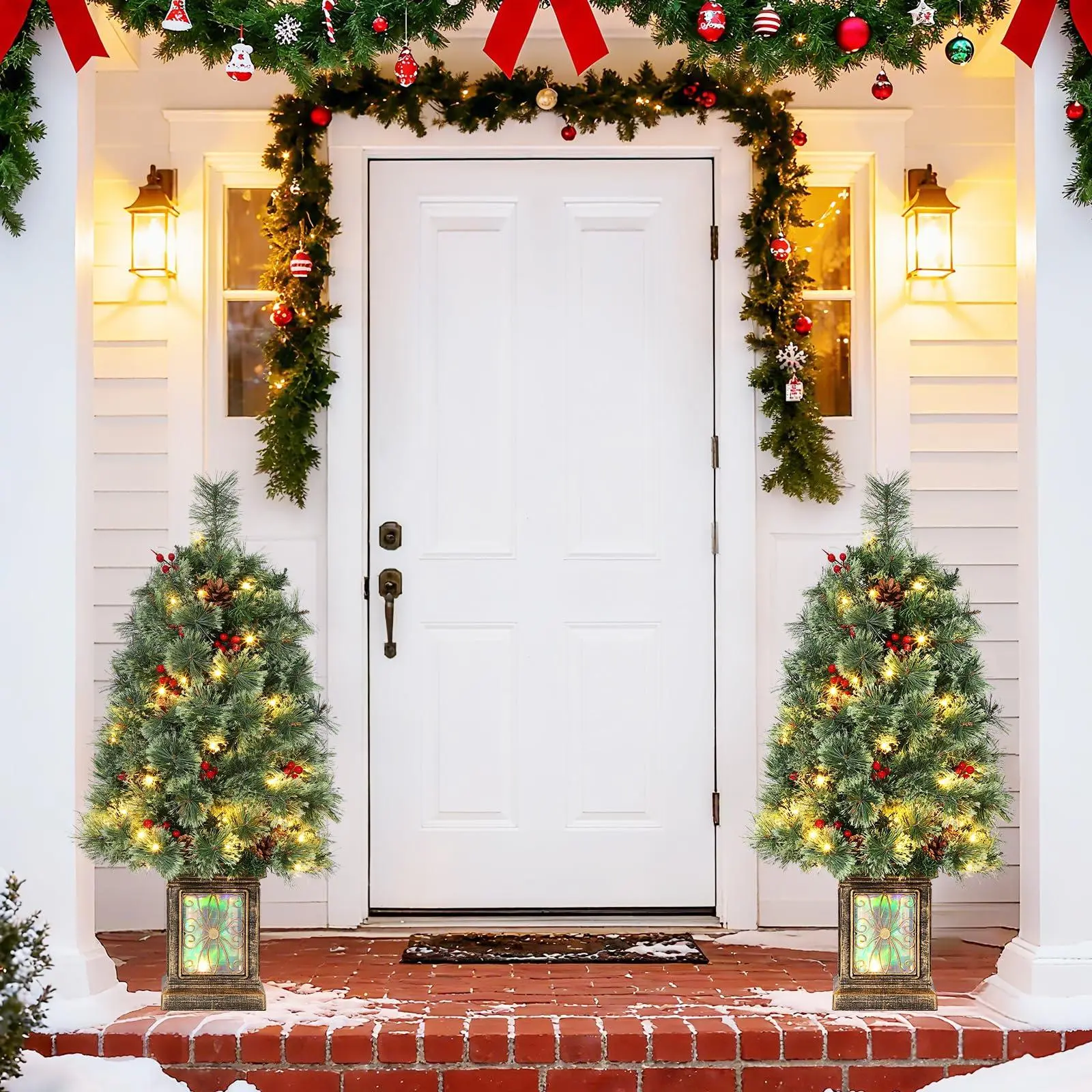 3 ft Tabletop Pre-Lit Artificial Christmas Tree with 70 LED Lights, Mini Christmas Tree with Pinecones & Red Berries, Retro Pot, Small Christmas Tree for Home & Office & Holiday Decor