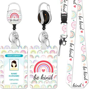 BY-KC150 Lanyards for Id Badges, Rainbow Be Kind Badge Holder with Retractable Reel Clip, Cute Work Name Tags Keychain Lanyard ID Card Protector Cover Case for Women Teacher Nurse Doctor Office