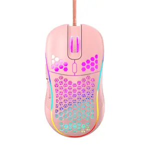 Pink USB Wired Mouse, 6-Button Corded Computer Mouse, Honeycomb Wired Mouse with RGB On/Off Switch, 7200 Adjustable DPI Adjustable DPI, Gifts for Women Men