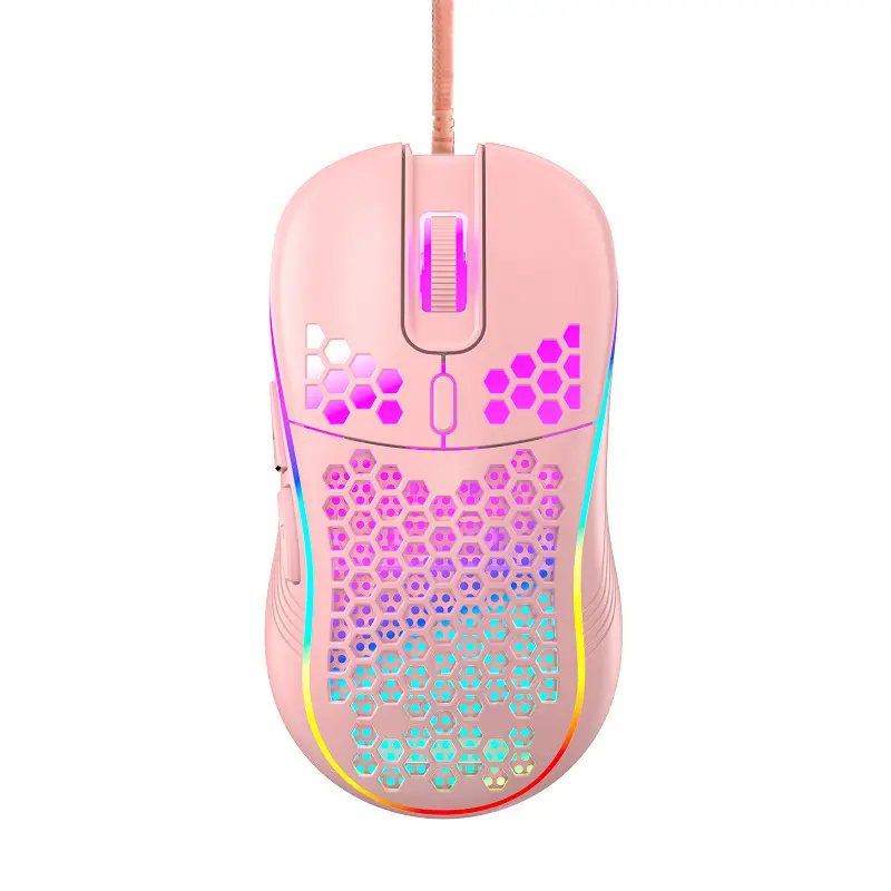 Pink USB Wired Mouse, 6-Button Corded Computer Mouse, Honeycomb Wired Mouse with RGB On/Off Switch, 7200 Adjustable DPI Adjustable DPI, Gifts for Women Men