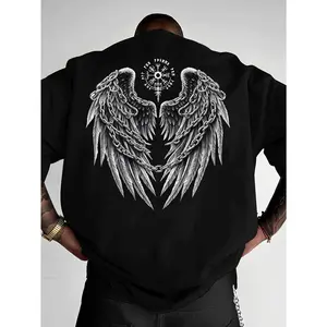 Y2K Style Round Neck T-Shirt, Gothic Chain Wing Print T-Shirt, Made of 100% Polyester - Breathable And Comfortable, Slightly Dropped Shoulder Design Round Neck T-Shirt