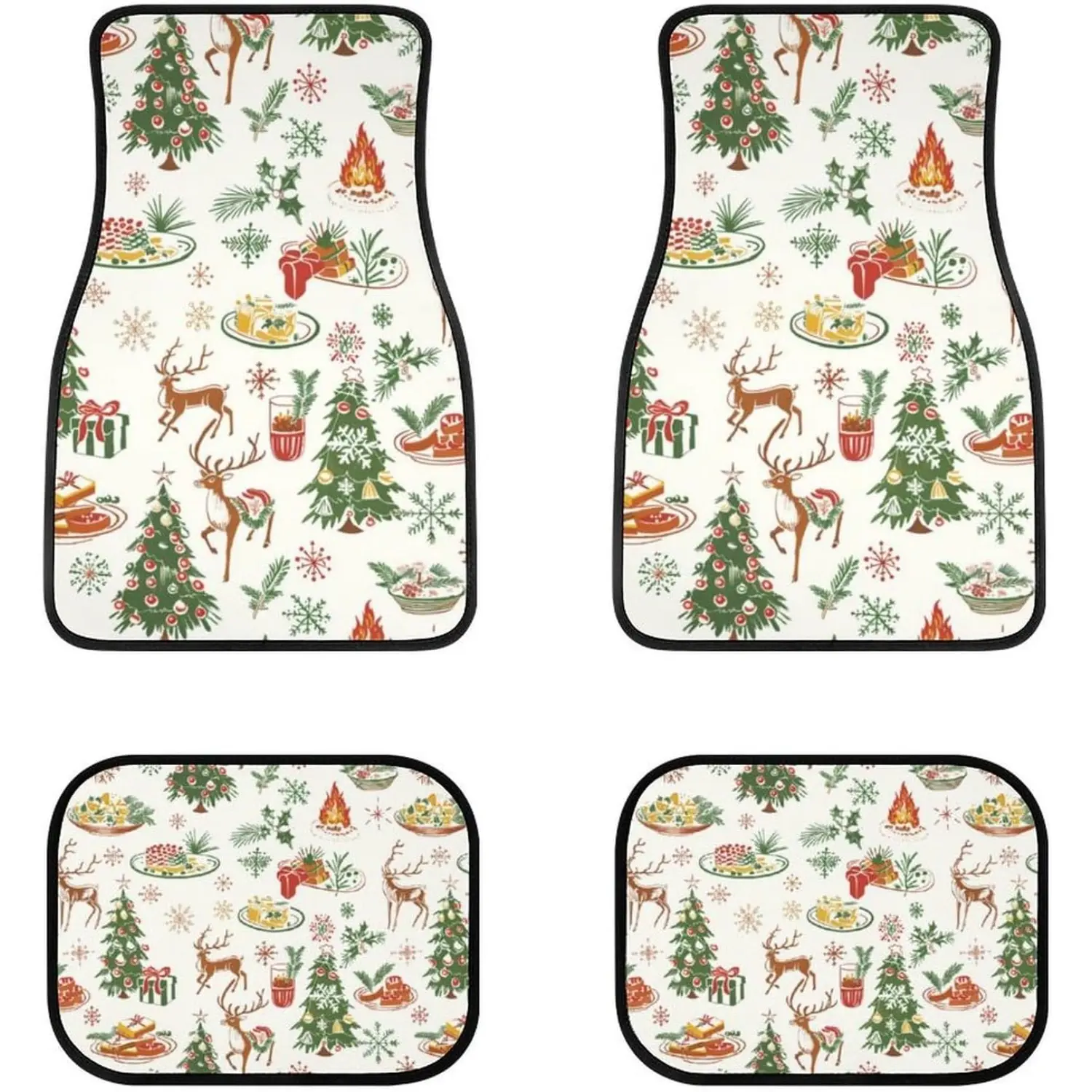 Retro Style Christmas Elements Car Foot Mat 4-piece Set Christmas Tree Reindeer Snowflake Pattern Car Foot Mat, Auto Foot Mats All Weather Universal Fit Car Decor Accessories Fit for SUV, Vans, Sedans, Trucks