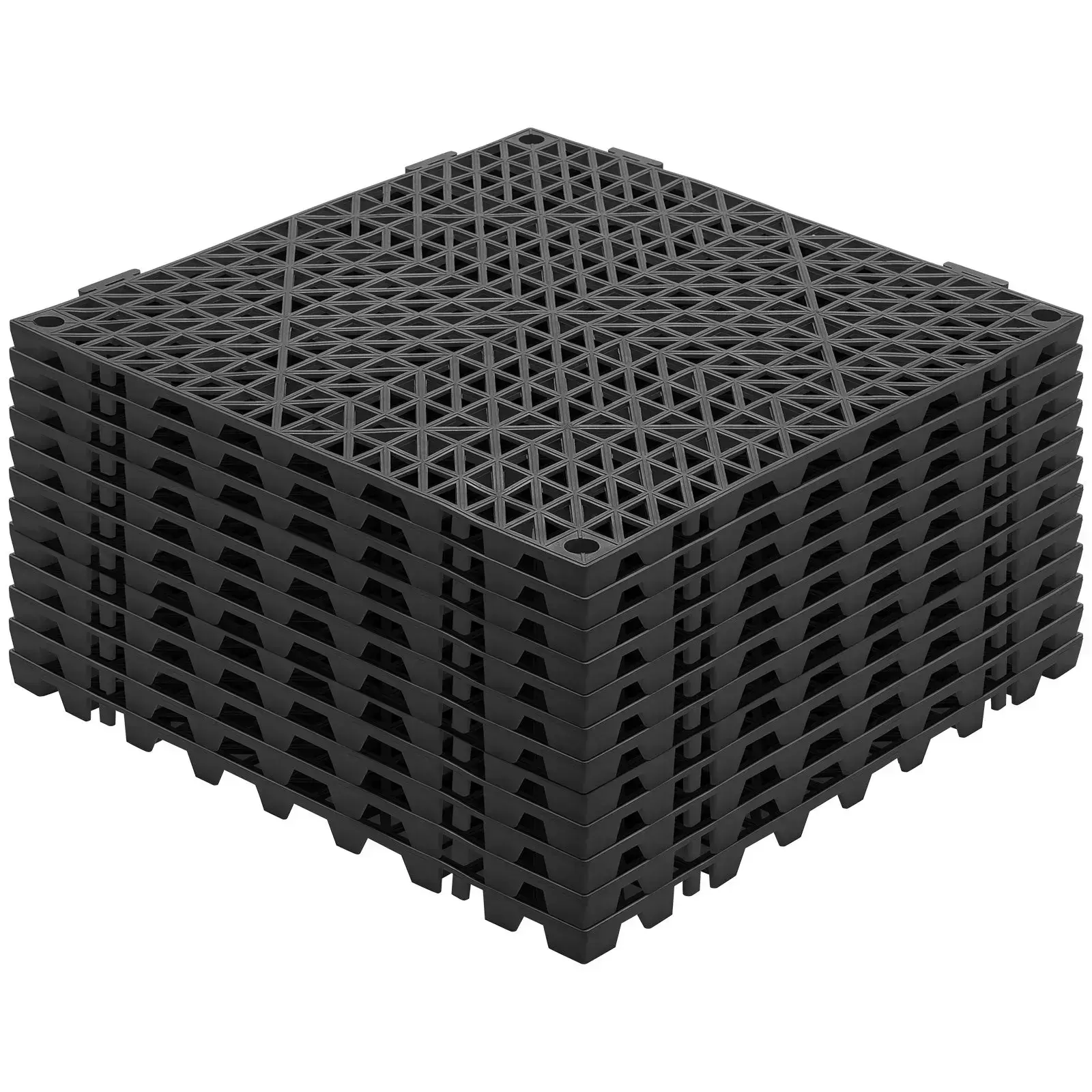 12PCS 12x12 in Black Stretch-Resistant PVC Interlocking Floor Tiles, 15mm Elevated Base Rapid Drainage Interlocking Mats, Non-Slip Hollow Waterproof Tool-Free Modular Cushions for Wet Indoor Residential Areas