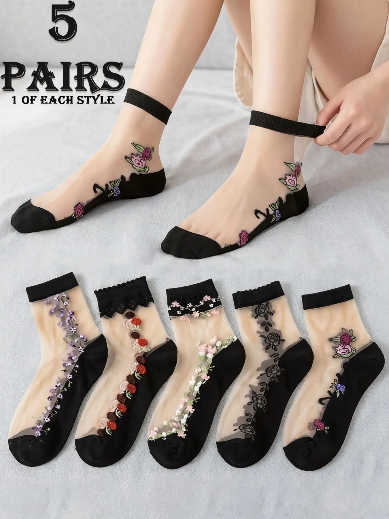 Women's Floral Glass Silk Tube Socks, Breathable & Soft Fabric, High Elasticity Comfort Design, Elegant, Perfect for Daily Wear, Casual Stylish Socks