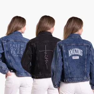 Love in Faith | Denim Jacket - Embroidered Vintage Wash, Fitted Long Sleeve, Casual Rock Style, Medium Length, All Seasons, Womenswear