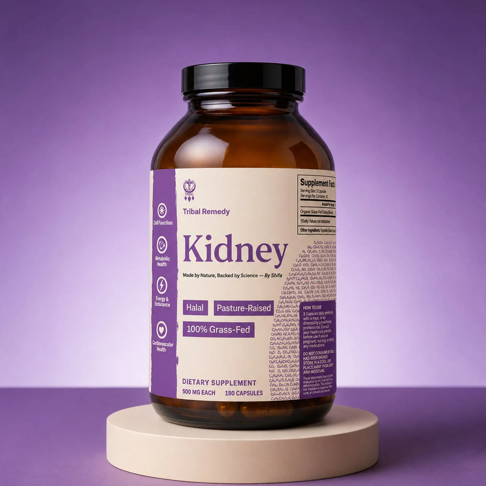Beef Kidney Supplement by Tribal - 100% Organic & Halal Beef Kidney to support Histamine & Immune balance,  Detoxification, & Stress Resilience - 90 Capsules