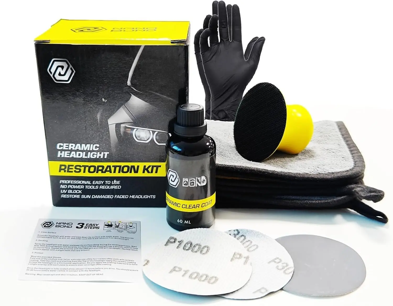 Ceramic Headlight Restoration Complete Kit - 60ml, UV Protection, Self-Leveling for Plastic Lenses, 3 Easy Steps, 3 Levels of Sanding Discs, No Power Tools Required