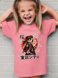 Girls' Tokyo Sakura T-Shirt, Japanese Style Cartoon Print, Comfortable Fitted Kids Tee, Soft Fabric, Vintage Cool Clothing, Cute Graphic Tee