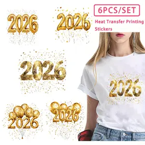 6PCS,2D 6PCS 2026 New Year Theme Heat Transfer Stickers Set Gold Balloon Number Pattern DIY Clothing Decoration Accessories Iron On Transfers for T Shirts Sweaters Festival Party Supplies