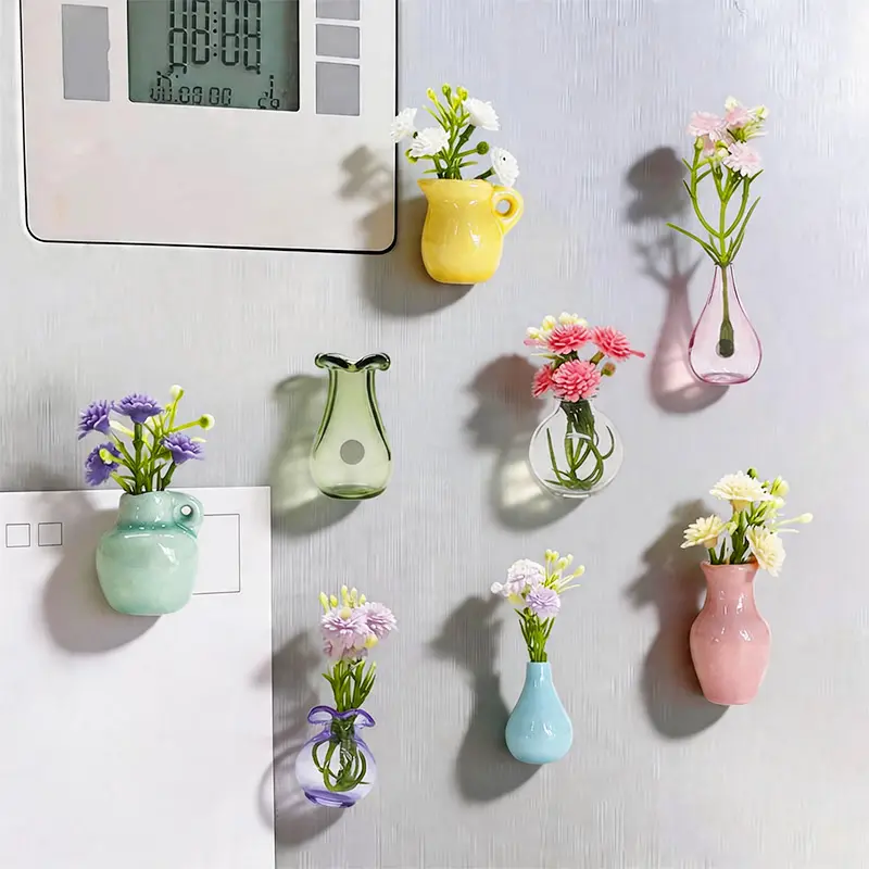 8Pcs Cute Mini Ceramic Vase Magnets for Fridge, Funny Small Vase Magnetics with Flowers, Updated Strong Magnetic Tiny Plant Vases for Refrigerator, Kitchen, Office Decoration