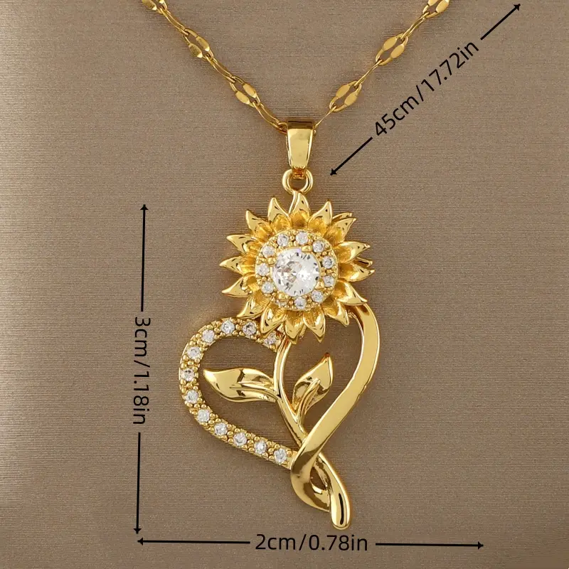360 °           Rotating Sunflower & Heart Pendant Necklace - 18K plated Plated Synthetic Zirconia Jewelry Gift for Women, Birthday Christmas Present for Her, Elegant Dangle Chain with Sparkling Accents, Flower Necklace, Sentimental Keepsake, Stylish Acce